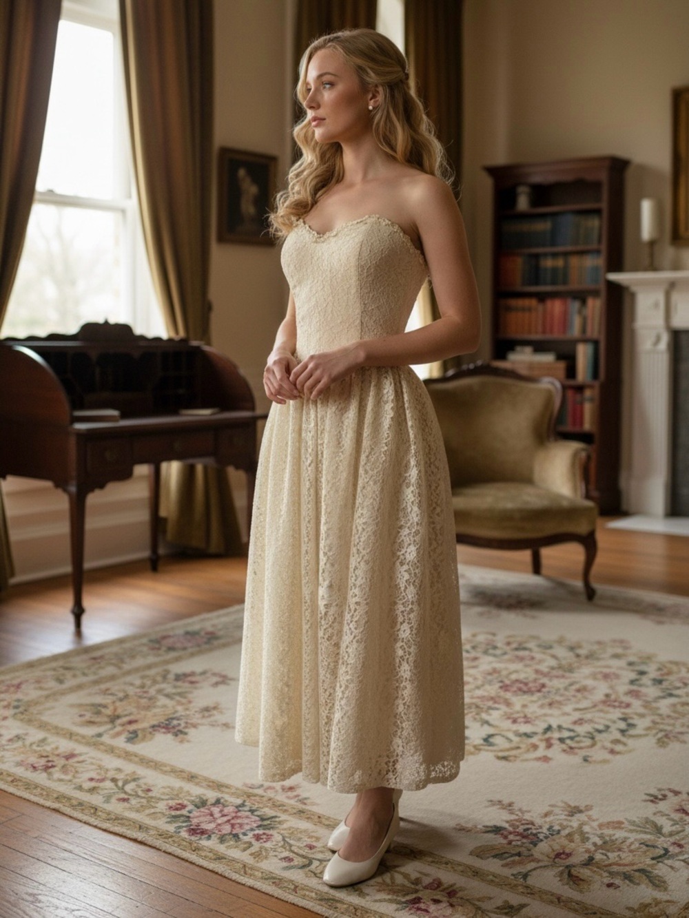 VTG COTTAGECORE LACE STRAPLESS DROP-WAIST SWEETHEART ANGELCORE MIDI DRESS SzS